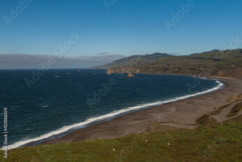Sonoma coast by Goat Rock Stae Park, landscape on a cloudless blue sky day