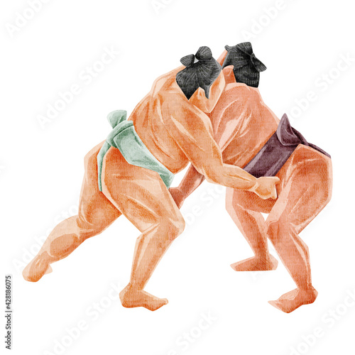 立ち合いの力士手描き水彩風イラスト