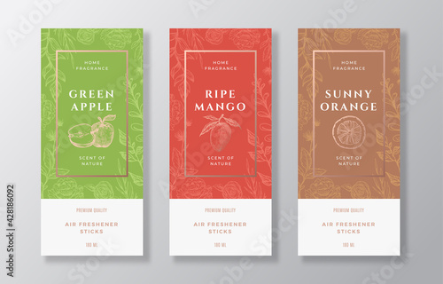 Home Fragrance Vector Label Templates Set. Hand Drawn Sketch Apples, Mango, Oranges and Flowers Background with Typography. Room Perfume Packaging Design Layout. Realistic Mockup. Isolated