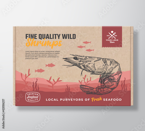 Fine Quality Seafood Cardboard Box. Abstract Vector Food Packaging Label Design. Modern Typography and Hand Drawn Shrimp and Fishes Silhouettes. Sea Bottom Landscape Background Layout with Banner