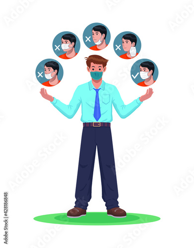 How to wear face mask properly in workplace office flat vector illustrator.