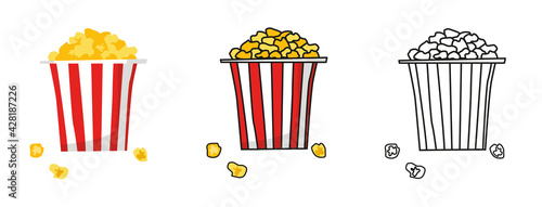 Set of popcorn bucket boxes isolated. Cartoon illustration of fast food in cinema. Flat vector. American traditional snack in doodle style. Large paper cup striped to the top filled with corn kernels