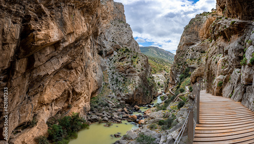 Panorama of Royal Trail (El Caminito del Rey) in Gorge of the Gaitanes Chorro, Malaga province, Spain.