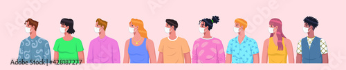 Group of young people different races wear face masks flat vector illustration.