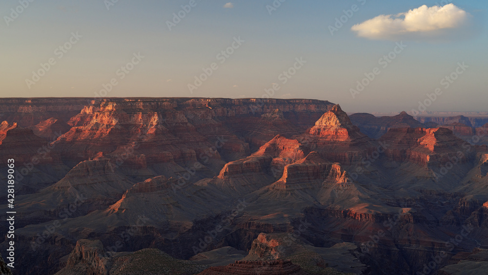 This image shows a view at dusk of the Grand Canyon taken from the South Rim.