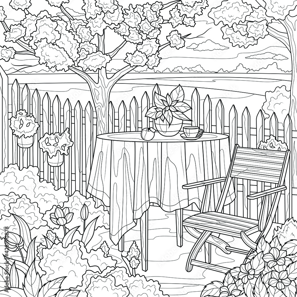 Table and chairs in the garden.Coloring book antistress for children