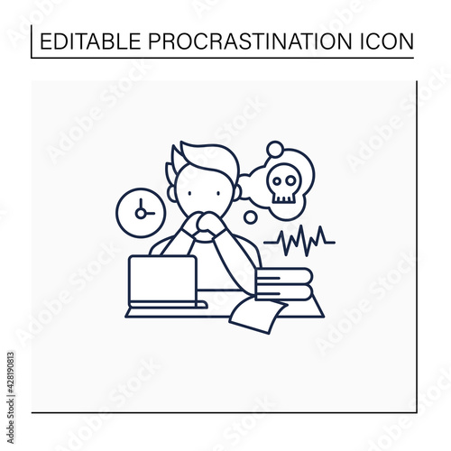 Worrier procrastinator line icon.Do not start important, difficult tasks. Unbelieve to do it.Scared about results.Procrastination concept. Isolated vector illustration.Editable stroke