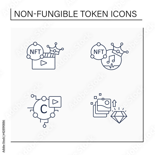 NFT line icons set.Non fungible tokens music,video clips,cryptomedia,digital art.Unique digital assets. Digitalization concept. Isolated vector illustrations.Editable stroke