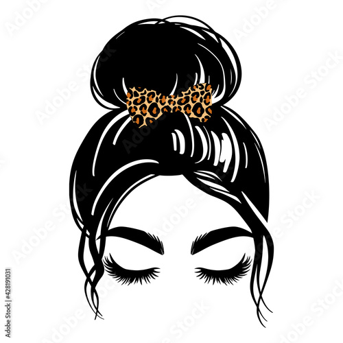 Messy hair bun, vector woman silhouette. Beautiful girl drawing illustration. Female hairstyle. Hair bow with leopard print.