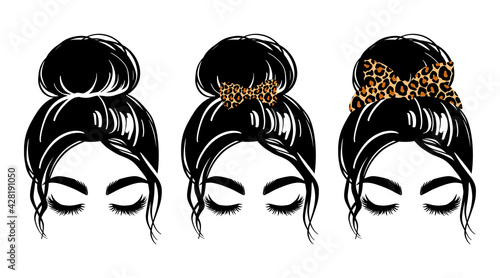 Messy bun with leopard bandana or headwrap and hair bow. Vector woman silhouette. Beautiful girl drawing illustration.