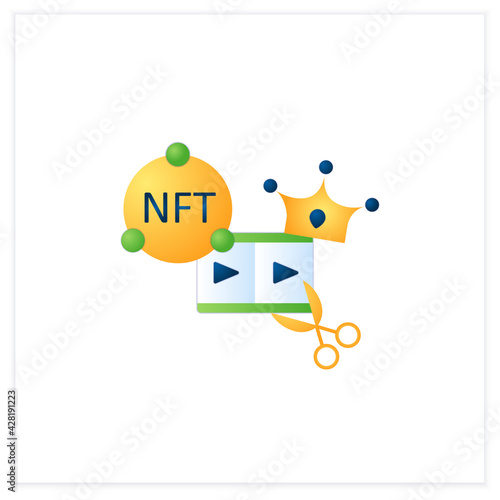 NFT video clips flat icon.Clips with non fungible token coin. Selling.Represent digital files. Used to commodify digital creations. Cryptocurrency concept. 3d vector illustration