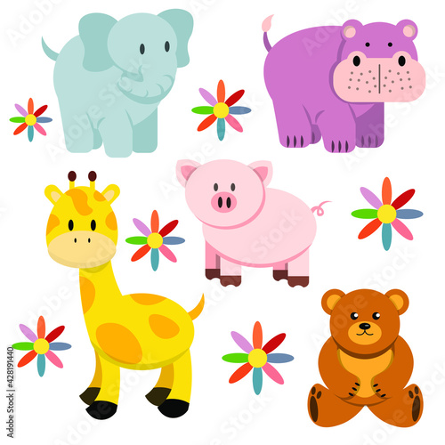 Set of animals. Flat vector illustration. 5 animals. Wildlife illustration. 