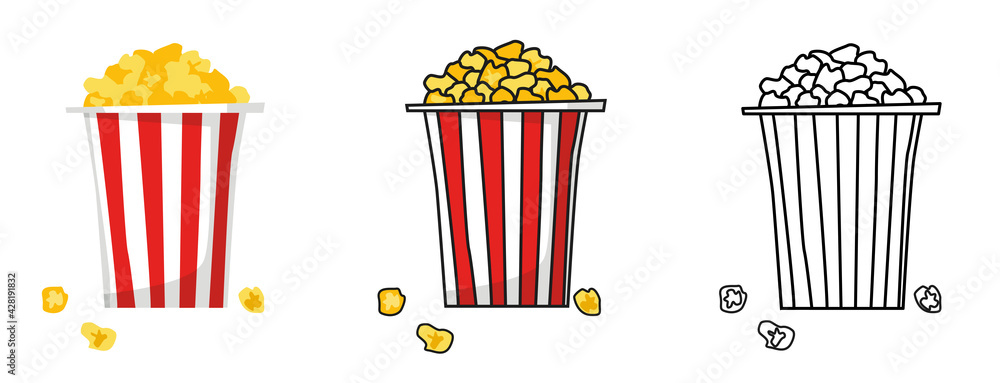 Set of popcorn bucket boxes isolated. Cartoon illustration of fast food in  cinema. Flat vector. American