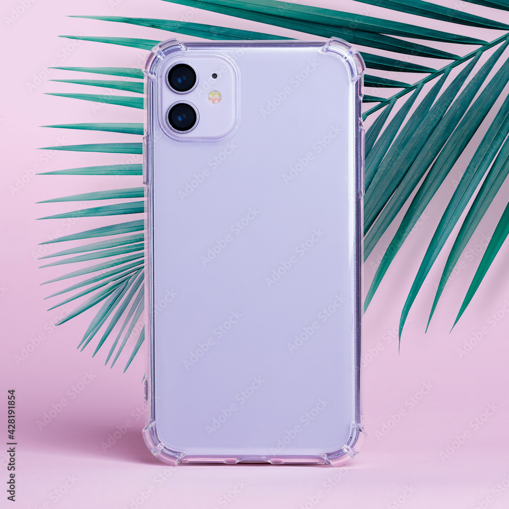 Purple iPhone 11 isolated on a pink background with palm leaves, clear phone  case mockup, iPhone 12 mock up Stock Photo | Adobe Stock
