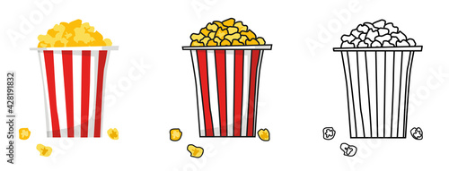 Set of popcorn bucket boxes isolated. Cartoon illustration of fast food in cinema. Flat vector. American traditional snack in doodle style. Large paper cup striped to the top filled with corn kernels