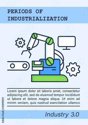 Industry 3.0brochure.Robotizing,automation mechanisms. Industrialization periods template. Flyer, magazine,poster,booklet.Digital transformation infographic concept.Layout illustration page with icon photo