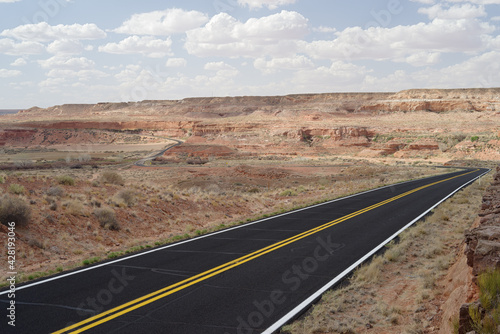 Desert road and landscape near Tuba City in Arizona.