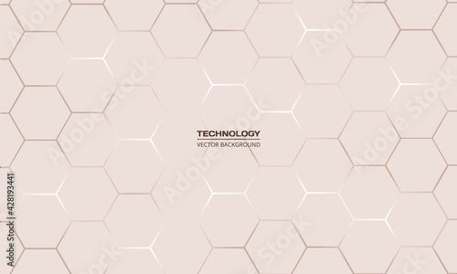 Light hexagonal technology vector abstract background. Brown bright energy flashes under hexagon in futuristic modern technology background vector illustration. Light brown honeycomb texture grid.