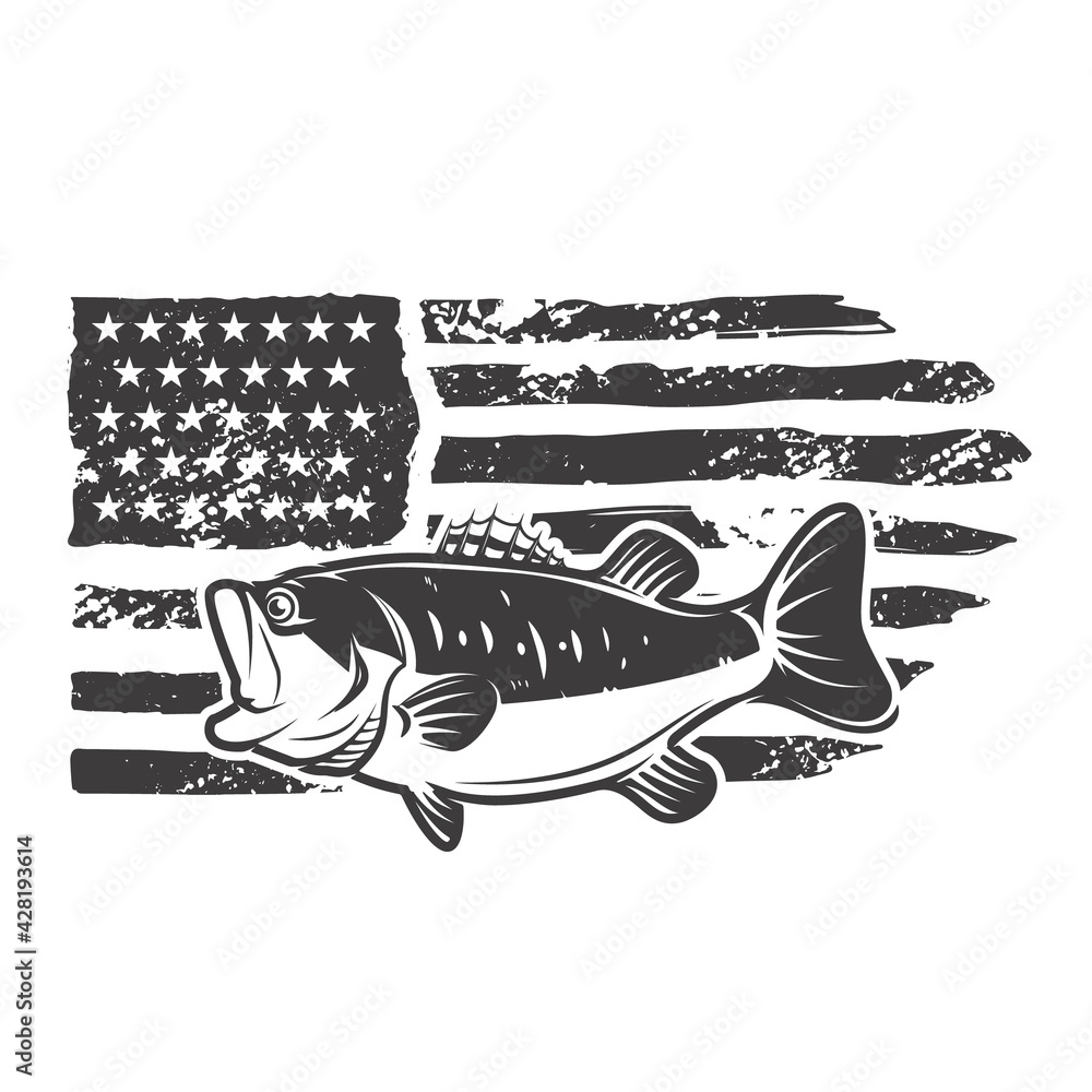 Black and White Bass Fishing American Flag License Plate Bass Fish  Silhouette 