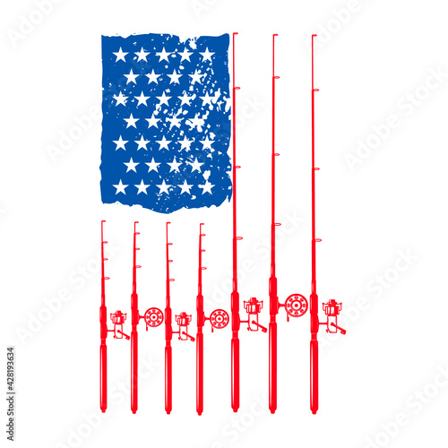 American fisherman. American flag with fishing rods. Design element for poster, card, banner, t shirt. Vector illustration