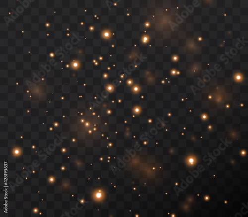 Sparkling magical dust. On a textural black and white background. Celebration abstract background made of golden glittering dust particles. Magical effect. Golden stars. Festive vector illustration.