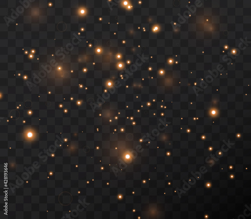 Christmas background. Powder dust light PNG. Magic shining gold dust. Fine, shiny dust bokeh particles fall off slightly. Fantastic shimmer effect. Vector illustrator.