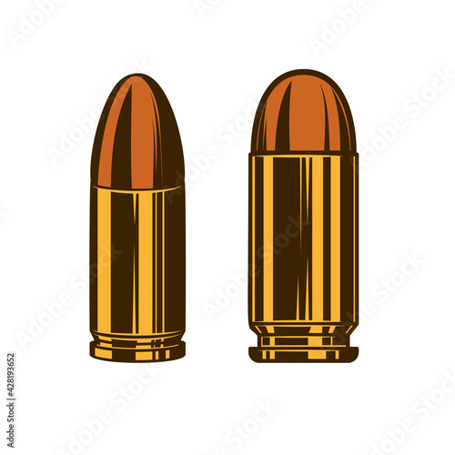 Bullet cartridge from hand gun. Design element for poster, card, banner, sign, logo, label, emblem. Vector illustration