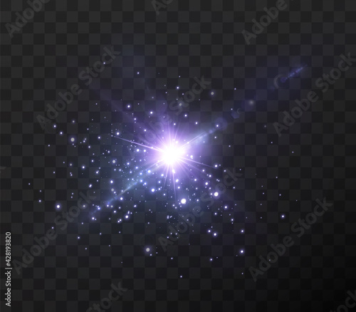 Shining neon stars isolated on black background. Effects, lens flare, shine, explosion, neon light, set. Light star blue png. Light sun blue png. Light flash blue png. Powder dust light.