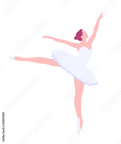 Arabesque pose, vector ballerina in flat style. Ballet dancer clipart Isolated illustration. Girl in ballet skirt dancing.