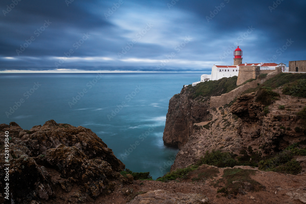 Scenic view of the St Vincent Cape and lighthouse, in Algarve, Portugal