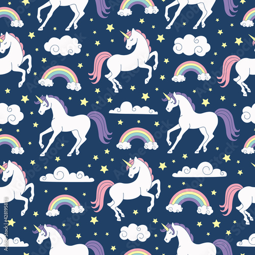 geometric seamless pattern, sleeping unicorns, rainbow and clouds
