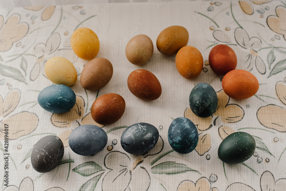 Easter eggs of different ootenki on the tablecloth, Easter eggs hand-painted Easter eggs of different ootenki on the tablecloth, Easter eggs hand-painted