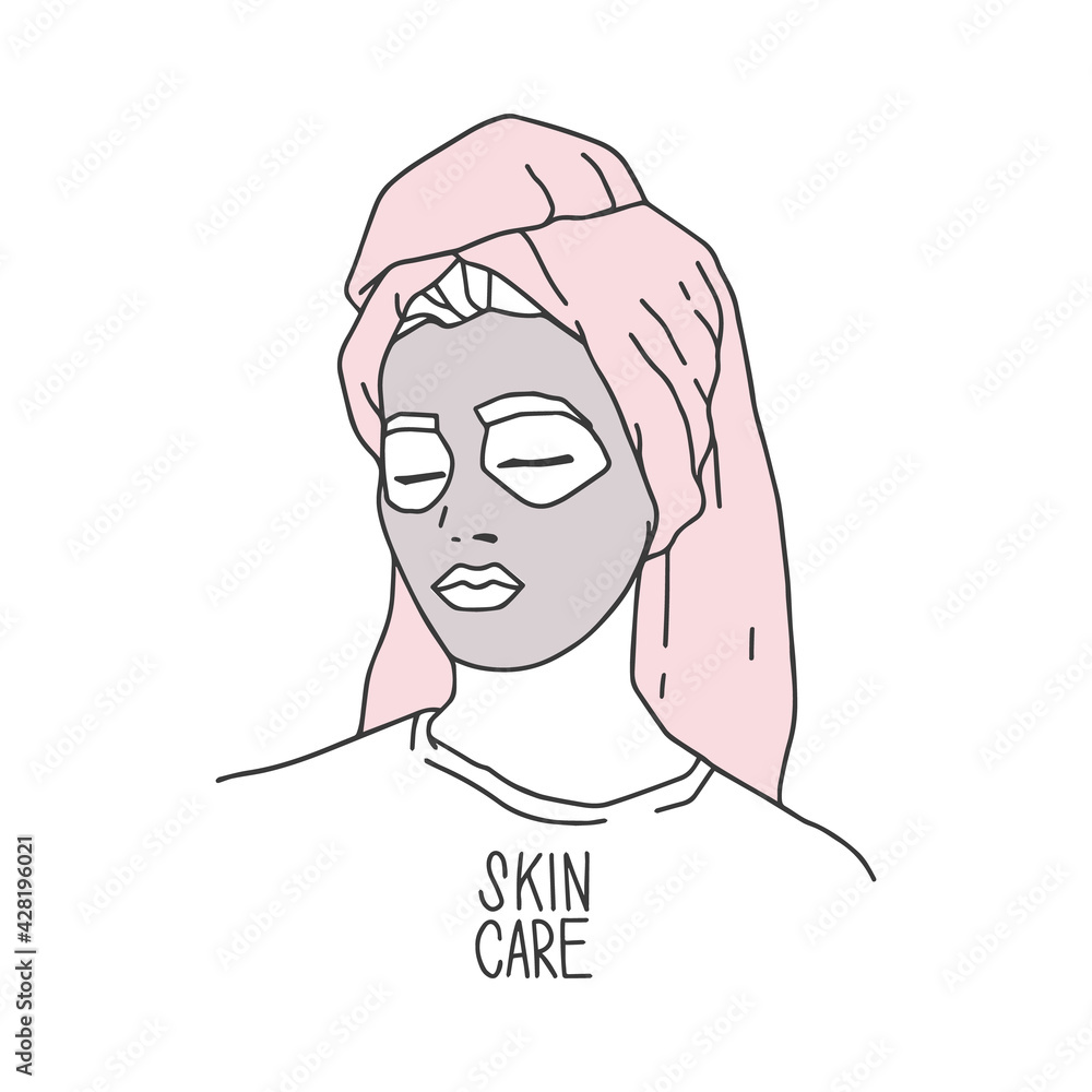 Beautiful girl in T-shirt with the inscription skin care. Hair in a towel and a mask on the face. Home spa treatments, skincare. Outline drawing, fashion sketch. Minimalist modern vector illustration Beautiful girl in T-shirt with the inscription skin care. Hair in a towel and a mask on the face. Home spa treatments, skincare. Outline drawing, fashion sketch. Minimalist modern vector illustration