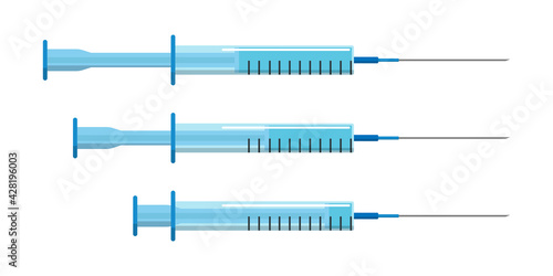 Vector syringe with blue liquid inside. Three injectors in flat style on white background. Vaccine covid-19 injection