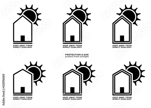 Product packaging labeling - keep away from direct sunlight. The sign of a house with a roof and the sun is a symbol of the prohibition of placing products under the sun. Vector elements.