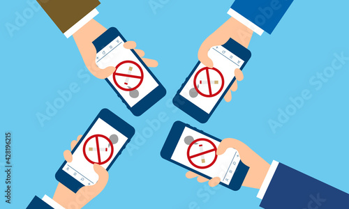 禁煙治療用アプリを使用するイラストイメージ、インストールされたアプリ、ベクター素材