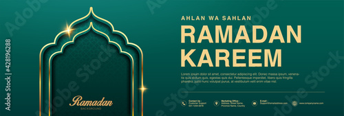 Realistic Ramadan Kareem holiday banner design with 3d golden mosque door. web poster, flyer, stylish brochure, greeting card, cover. Vector illustration. 