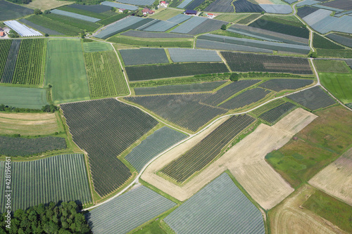 fields and gardens covered with protective net. aerial photography. Germany, near Konstanz
