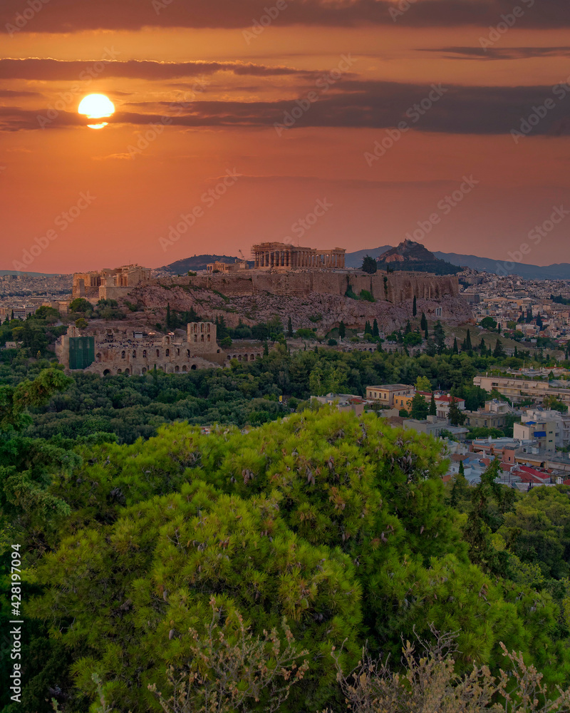 sundown in Athens, Greece, Parthenon ancient temple and Acropolis hill scenic view