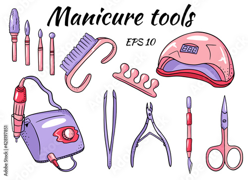 A set of manicure tools. Tools for hardware manicure and pedicure. Apparatus for manicure, cutters, ultraviolet lamp.