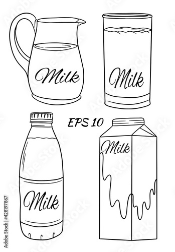 Set of vector illustrations in cartoon style of glass bottles with milk. Milk in a glass, a jug, in a cardboard box, in a bottle.