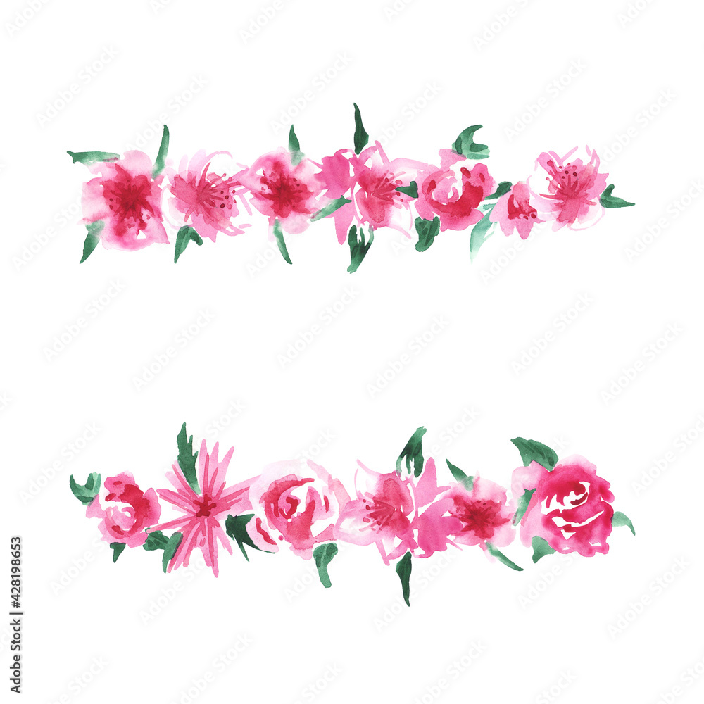 Frame of delicate watercolor roses. For greeting card, background, wedding invitation. Picturesque illustration.