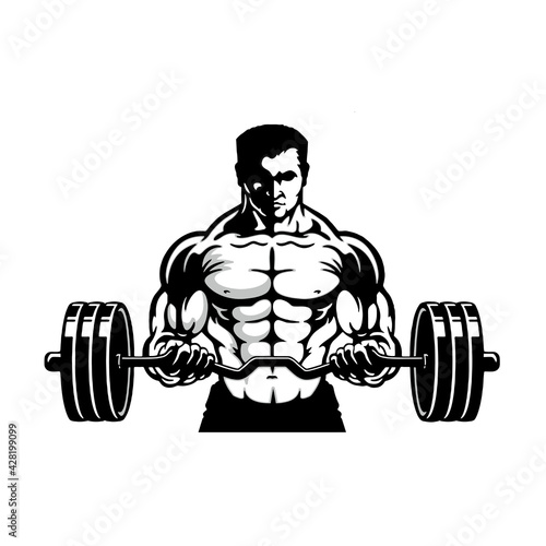 muscular torso bodybuilder with barbell, logo, cartoon, mascot, character, monochrome