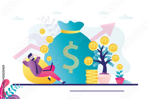 Businessman has passive income on Internet. Concept of financial freedom and remote work