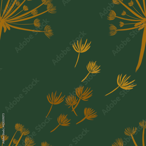 seamless pattern with hand-drawn yellow with gradient dandelions on green background. packaging, wallpaper, textile, kitchen, utensil, fashion design	
