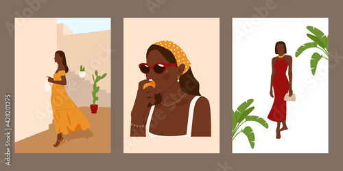 Set of abstract summer women portraits. Collection of trendy female posters. Modern vector illustration isolated on white background