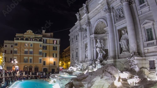 The famous Trevi Fountain at night timelapse. This place is one of the most visited in Rome. Crowd stay agound. Fisheye photo