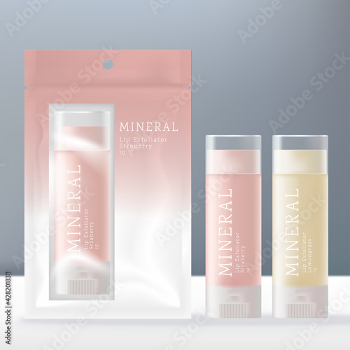 Vector Lip Balm, Stick or Scrub Clear Case Packaging with Clear Foil Bag.