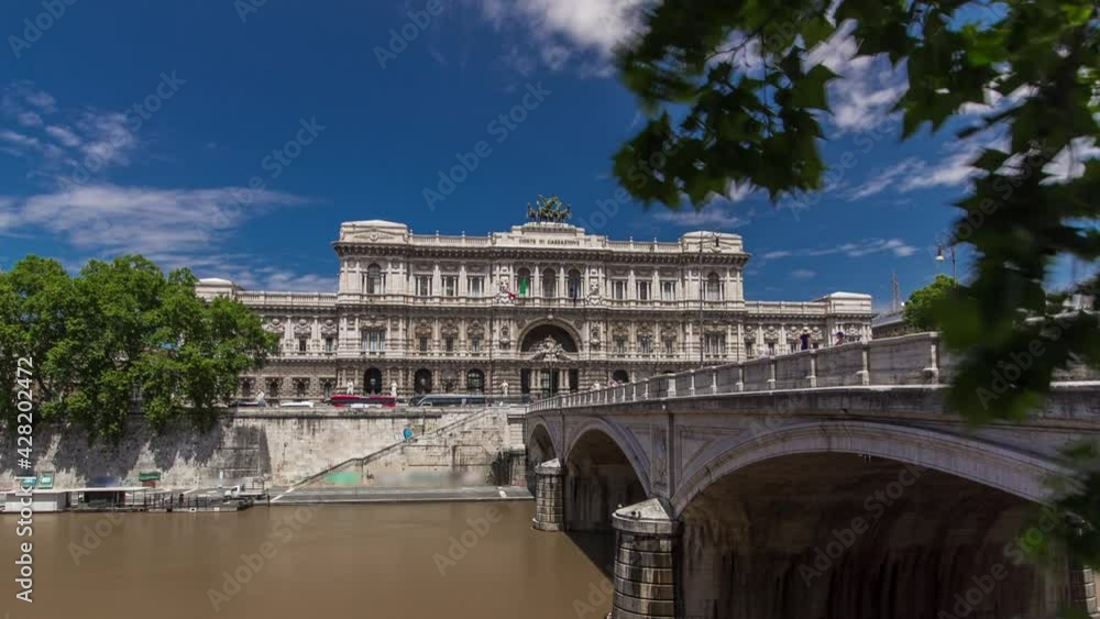 Palace of Justice (Palazzo di Giustizia) timelapse hyperlapse - courthouse building with Ponte Sant' Umberto bridge. Blue cloudy sky. Rome, Italy. Palace of Justice (Palazzo di Giustizia) timelapse hyperlapse - courthouse building with Ponte Sant' Umberto bridge. Blue cloudy sky. Rome, Italy.