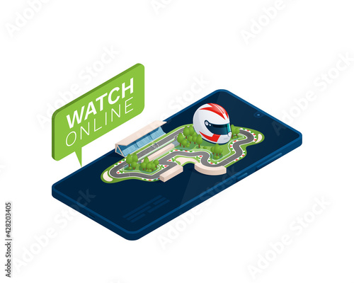 A racing circuit and a racing helmet are on a smartphone. Isometric vector illustration is isolated on a white background.